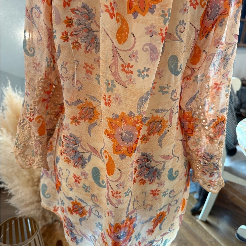 Floral Crochet-Trim Peasant Top - Pink, Orange, Blue. - Picture 7 of 10
